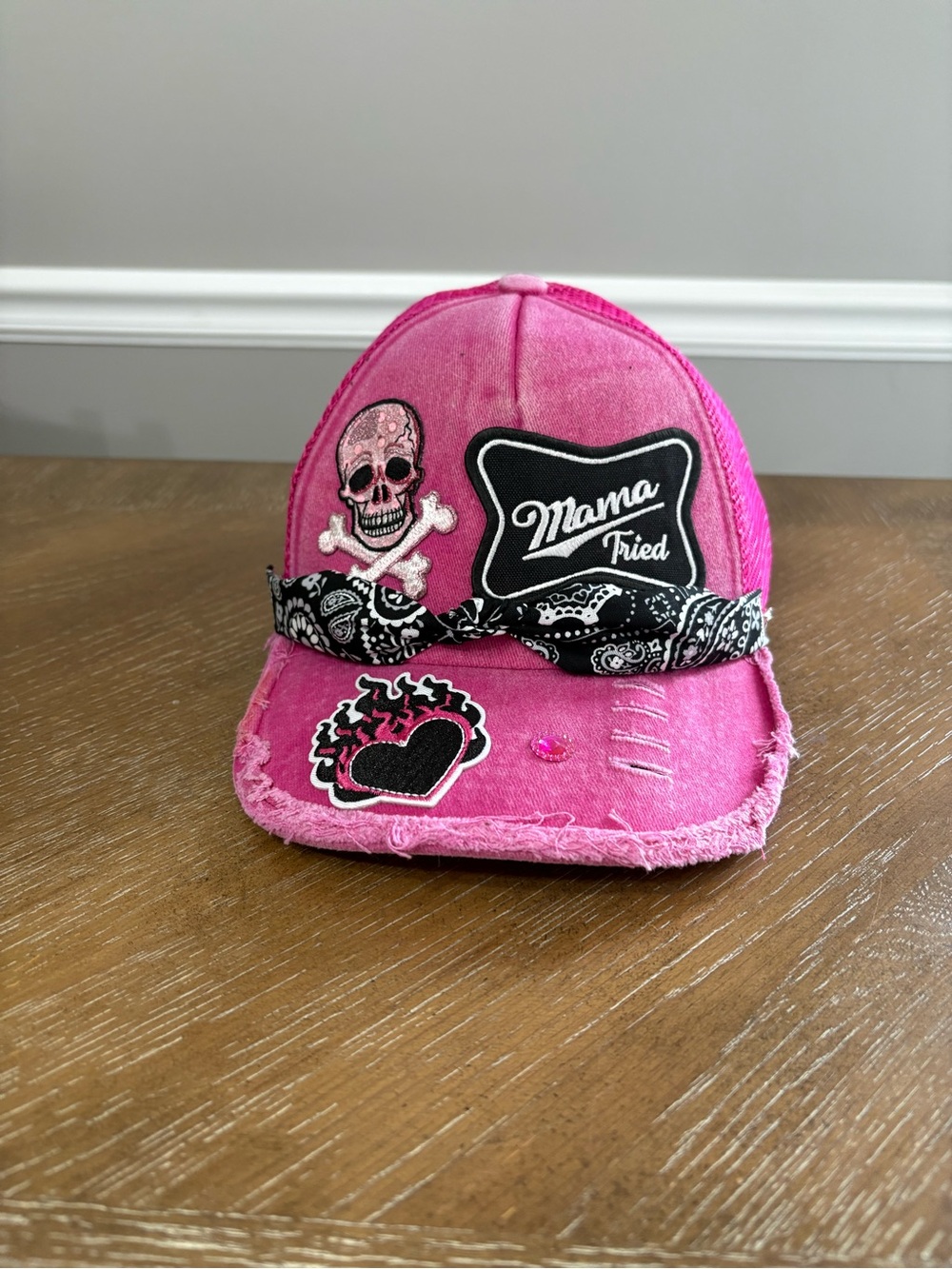 Pink Distressed Cap with Skull & Heart Patches